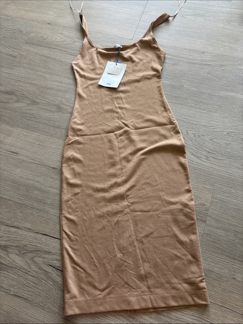 Zara Camel Slip Midi Dress with Spaghetti Straps